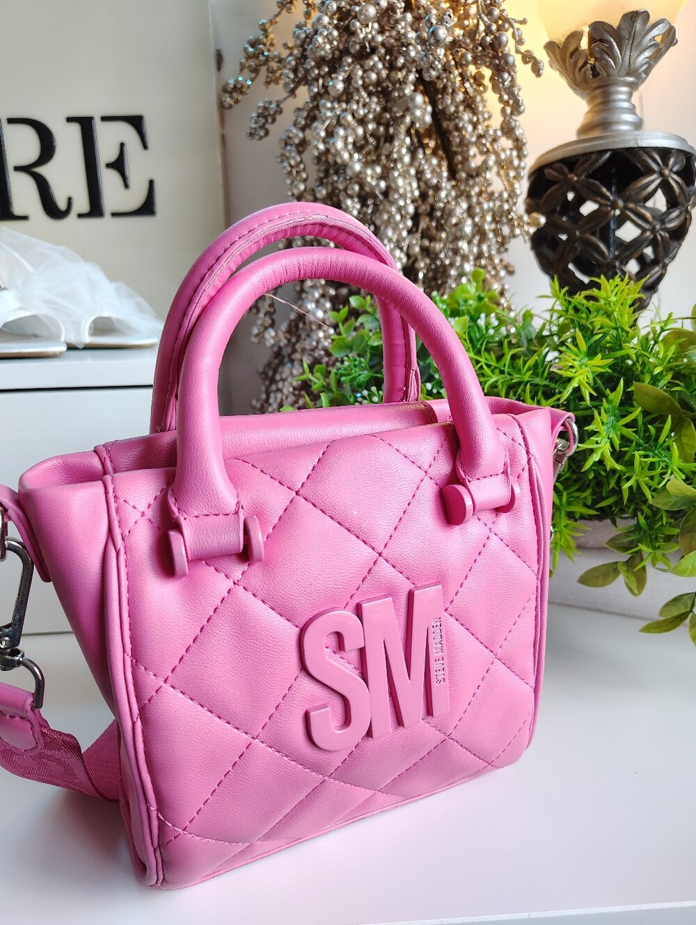 Steve Madden Pink Quilted Mini Tote Crossbody Bag Hot Pink - Picture 2 of 9